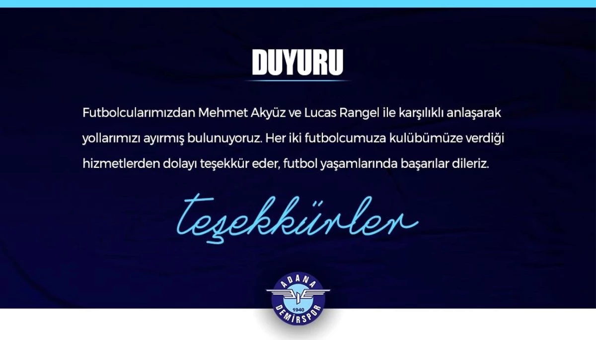 Adana Demirspor\'da, Mehmet Akyüz ve Lucas Rangel ile yollar ayrıldı