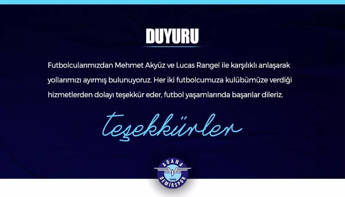 Adana Demirspor\'da, Mehmet Akyüz ve Lucas Rangel ile yollar ayrıldı