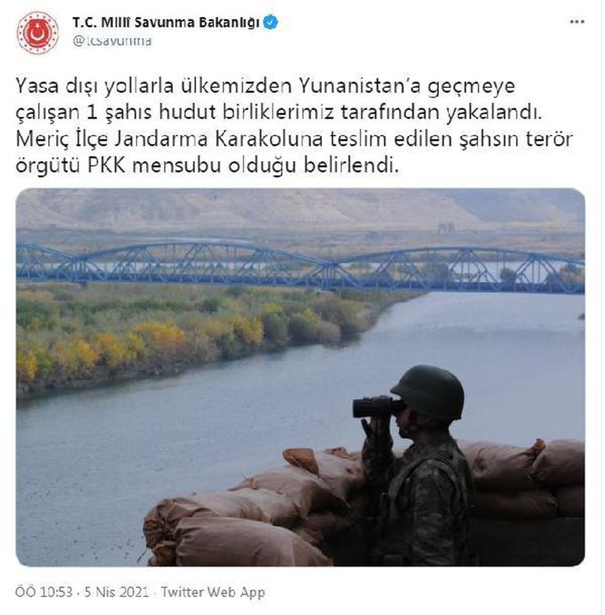 Son dakika haber... MSB Yunanistan\'a yasa dışı yollardan geçmeye çalışan PKK\'lı teröristin yakalandığını bildirdi
