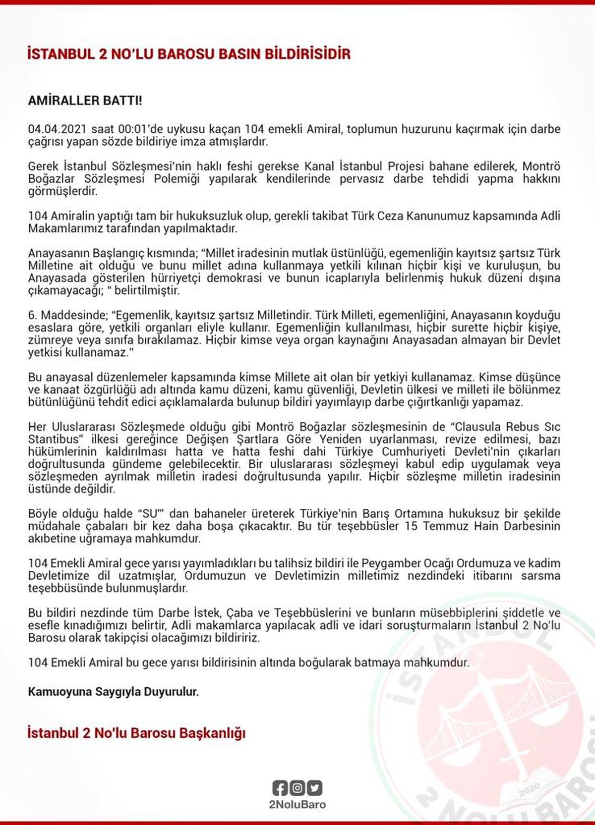 İstanbul 2 No\'lu Barosu: "104 emekli amiral bildirinin altında boğularak batmaya mahkum"