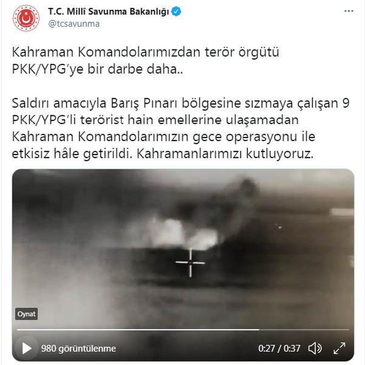 Barış Pınarı bölgesinde 9 PKK/YPG\'li terörist etkisiz hale getirildi