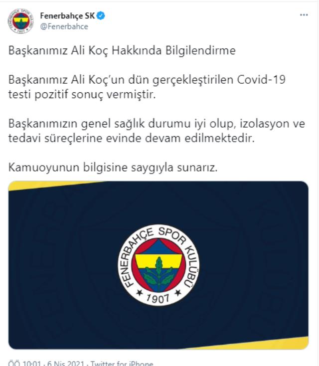 Son Dakika: Fenerbahçe Başkanı Ali Koç'un koronavirüs testi pozitif çıktı