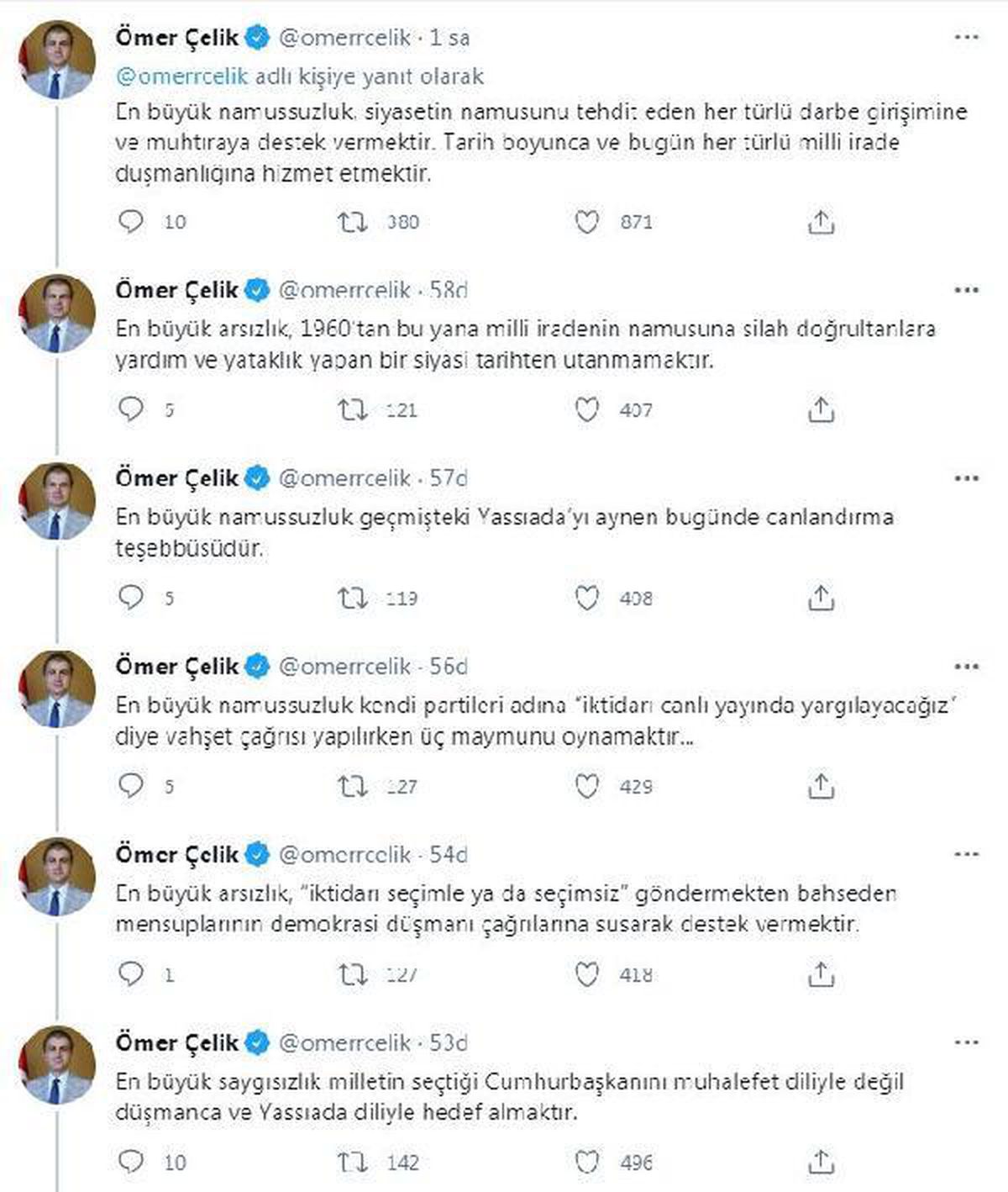 AK Parti\'li Çelik: En büyük namussuzluk muhtıraya destek vermektir