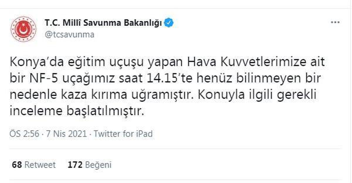 Son dakika haberi | MSB: Türk Yıldızlarına ait uçağımız Konya\'da düştü (2)