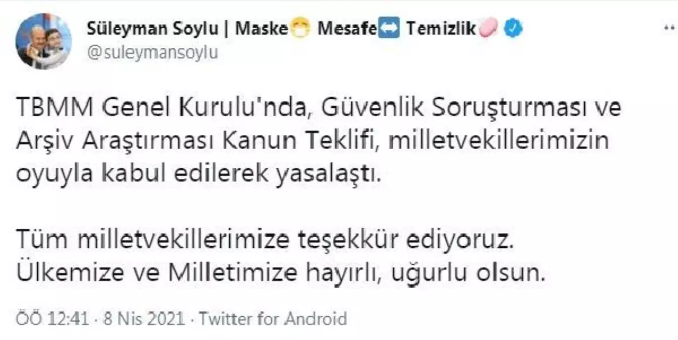 Bakan Soylu: Tüm milletvekillerimize teşekkür ediyorum