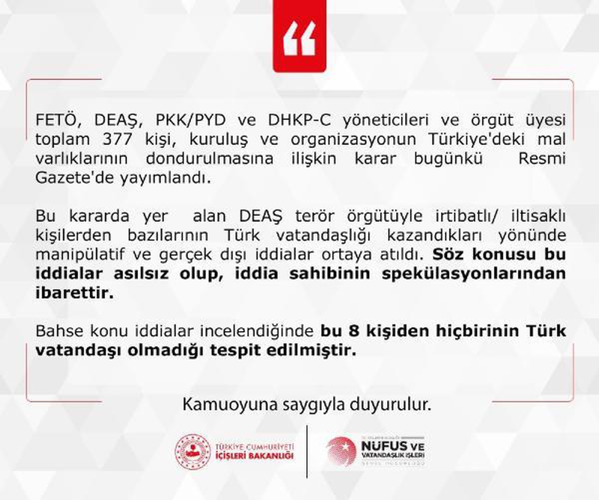 DEAŞ üyesi 8 kişinin Türk vatandaşı olduğu iddiasına yalanlama