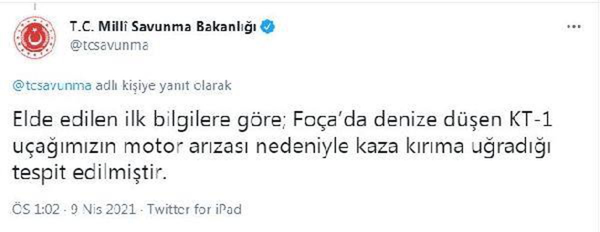 Son dakika haber... MSB: İzmir\'de eğitim uçuşu sırasında denize düşen KT-1 tipi uçakta bulunan 2 pilot kurtarıldı