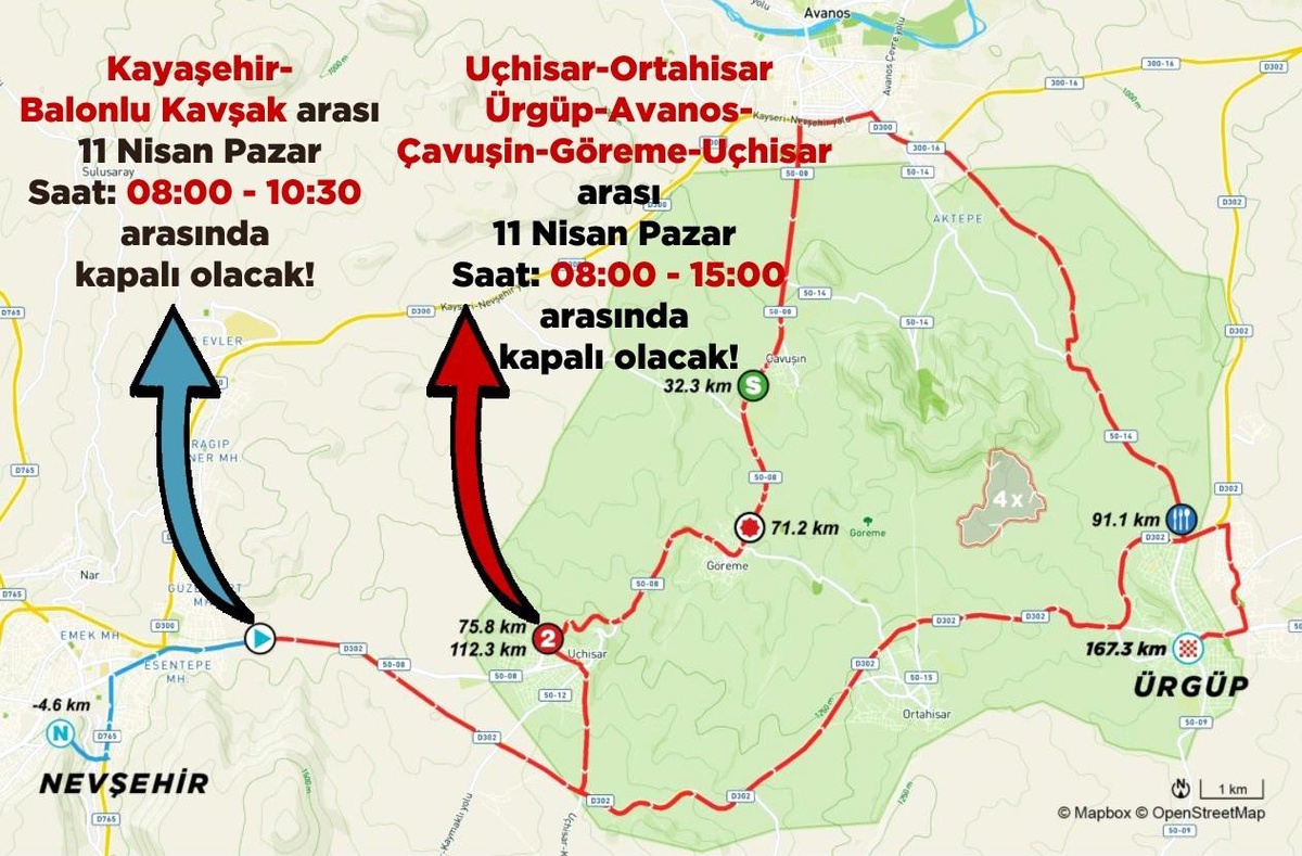 Nevşehir\'de Cumartesi ve Pazar günü bazı yollar trafiğe kapalı olacak