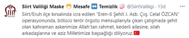 Son Dakika: Siirt'in Eruh ilçesinde terör örgütü PKK ile çıkan çatışmada 1 uzman çavuş şehit oldu