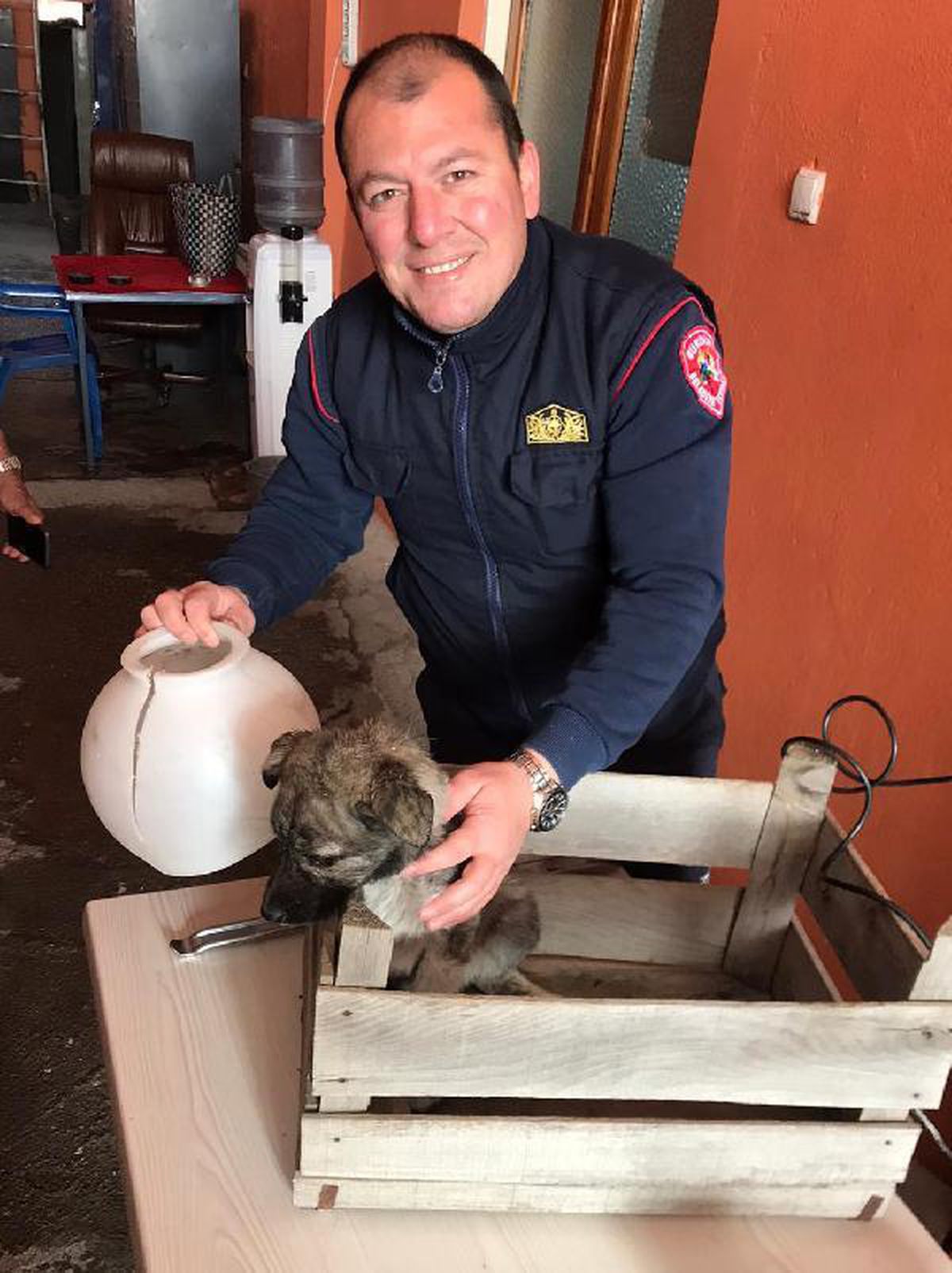 Başı plastik kavanoza sıkışan yavru köpeği itfaiye kurtardı