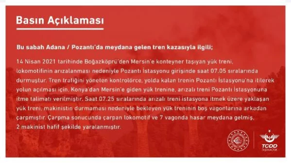 Adana'da yük treni, itmek için yaklaştığı arızalı trene çarptı: 2 makinist yaralandı