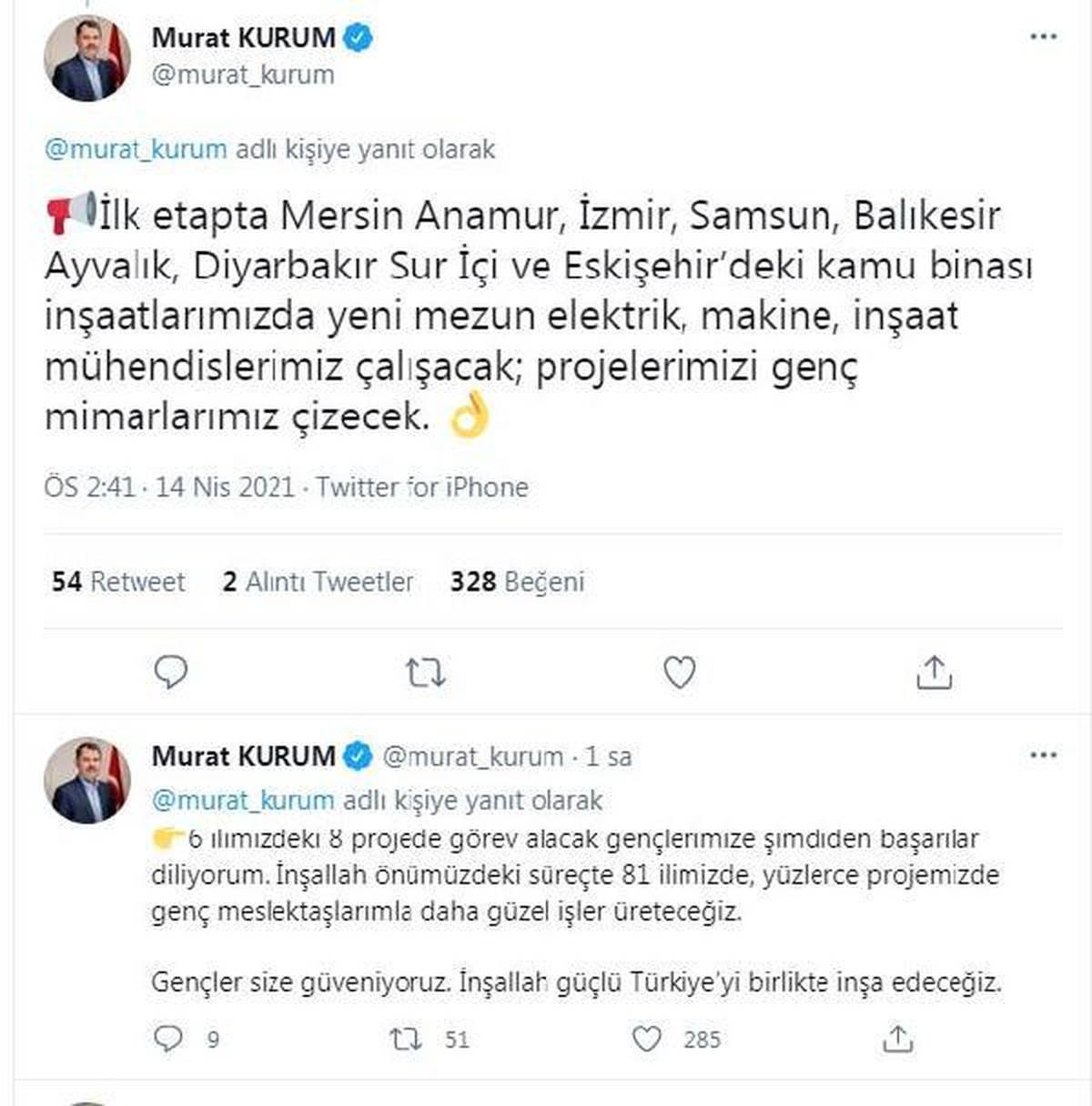 Bakan Kurum: 8 projede yeni mezun elektrik, makine ve inşaat mühendislerimiz çalışacak