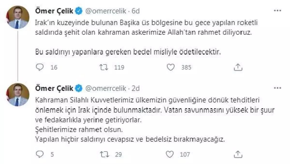 Başika üs bölgesine düzenlenen saldırıda şehit olan asker için başsağlığı mesajları