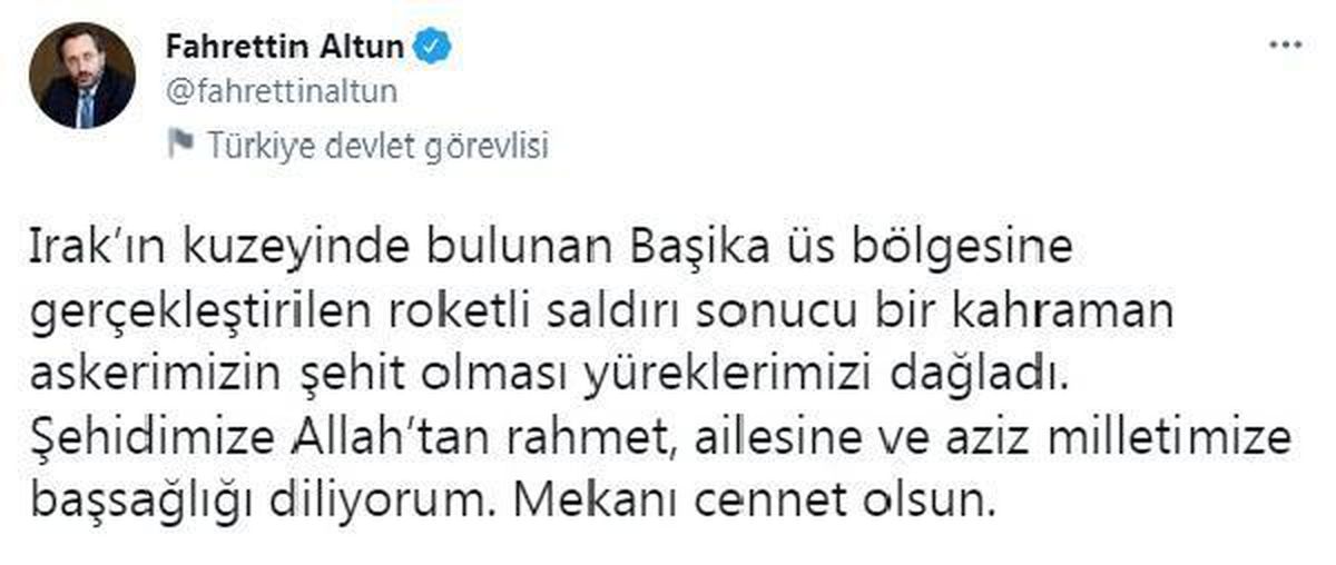Altun: Kahraman askerimizin şehit olması yüreklerimizi dağladı
