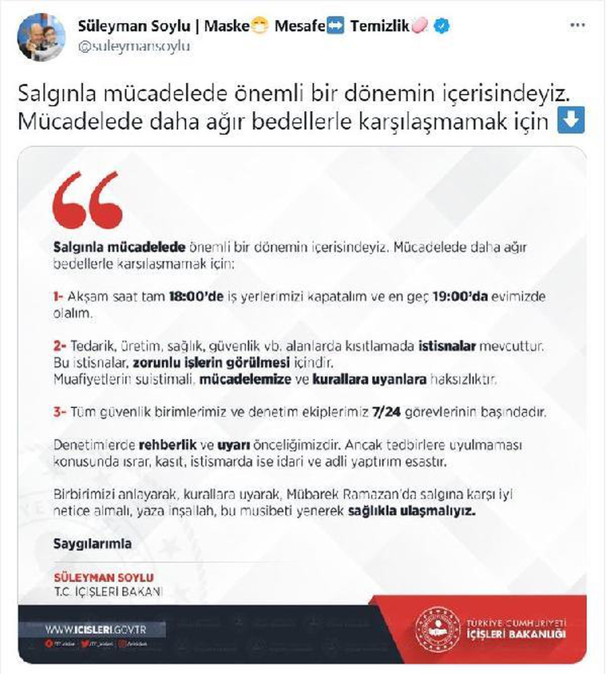 İçişleri Bakanı Soylu: "Kovid-19 denetimlerinde rehberlik ve uyarı önceliğimiz"