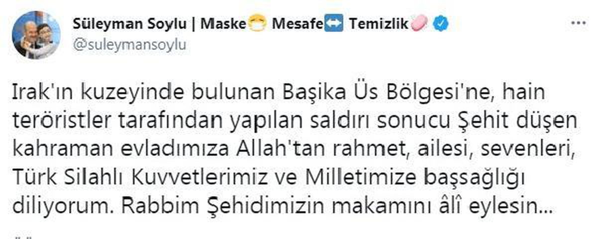 Bakan Soylu: TSK\'mıza ve Milletimize başsağlığı diliyorum