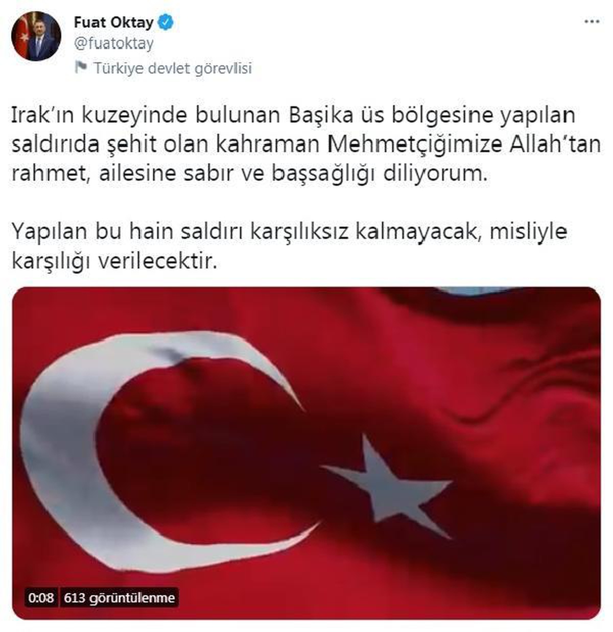 Cumhurbaşkanı Yardımcısı Oktay\'dan Başika üs bölgesine saldırıda şehit olan asker için başsağlığı mesajı Açıklaması