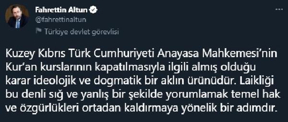 Altun\'dan, KKTC Anayasa Mahkemesi\'nin Kur-an kursu kararına tepki
