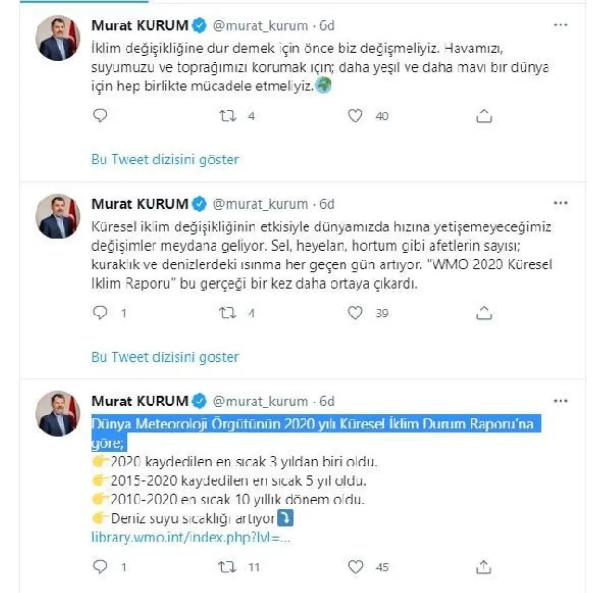 Bakan Kurum\'dan "İklim değişikliğine dur demek için hep birlikte mücadele etmeliyiz" uyarısı