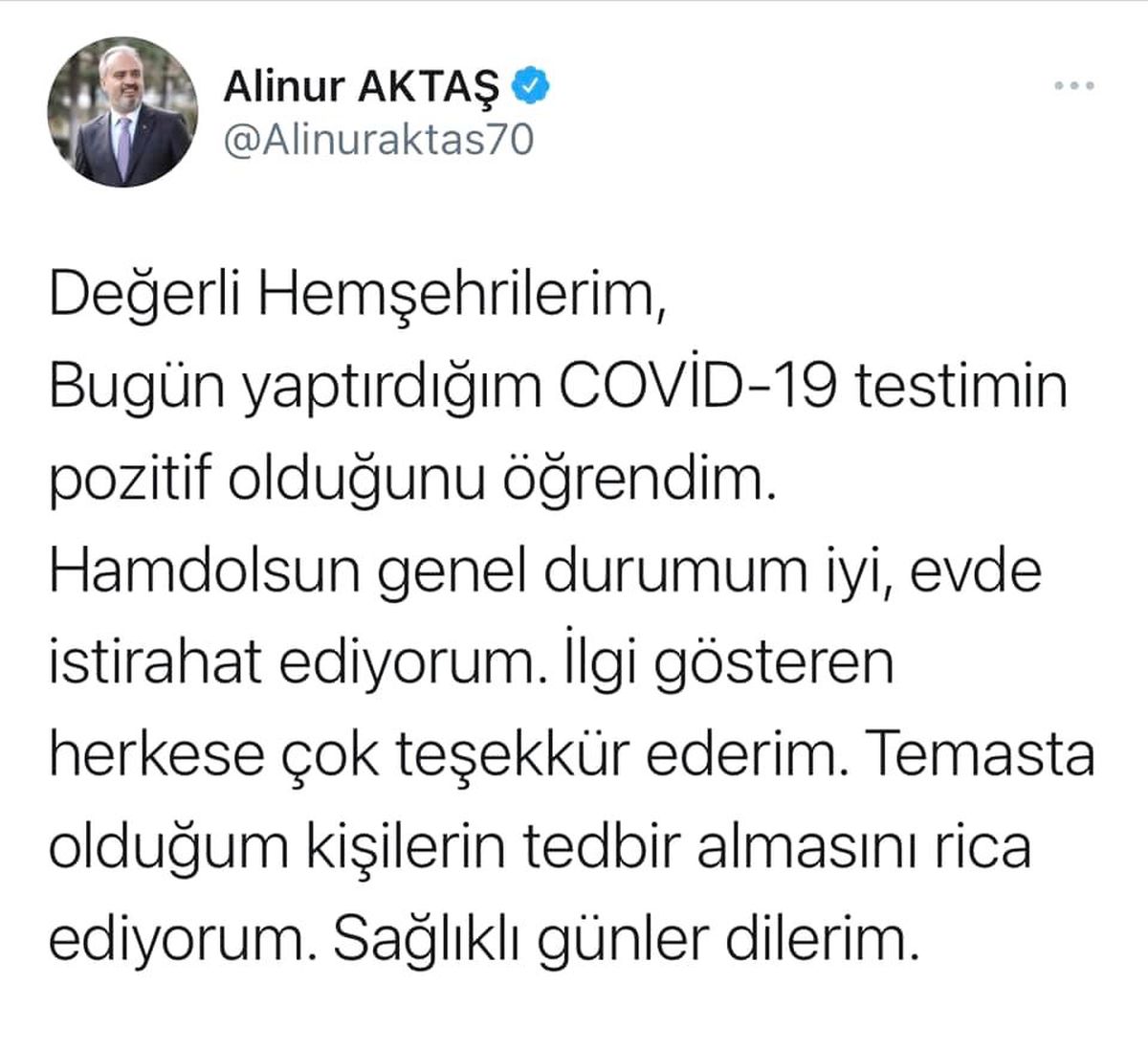 Bursa Büyükşehir Belediye Başkanı Alinur Aktaş\'ın korona virüs testi pozitif çıktı