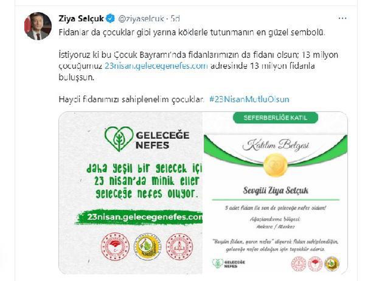 Bakan Selçuk\'tan \'fidan sahiplenme\' çağrısı