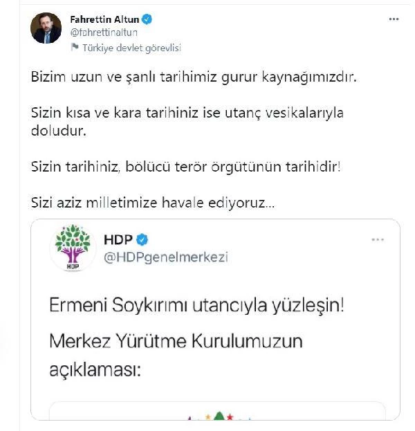 İletişim Başkanı Altun'dan HDP'ye tepki: Sizin tarihiniz, terör örgütünün tarihidir
