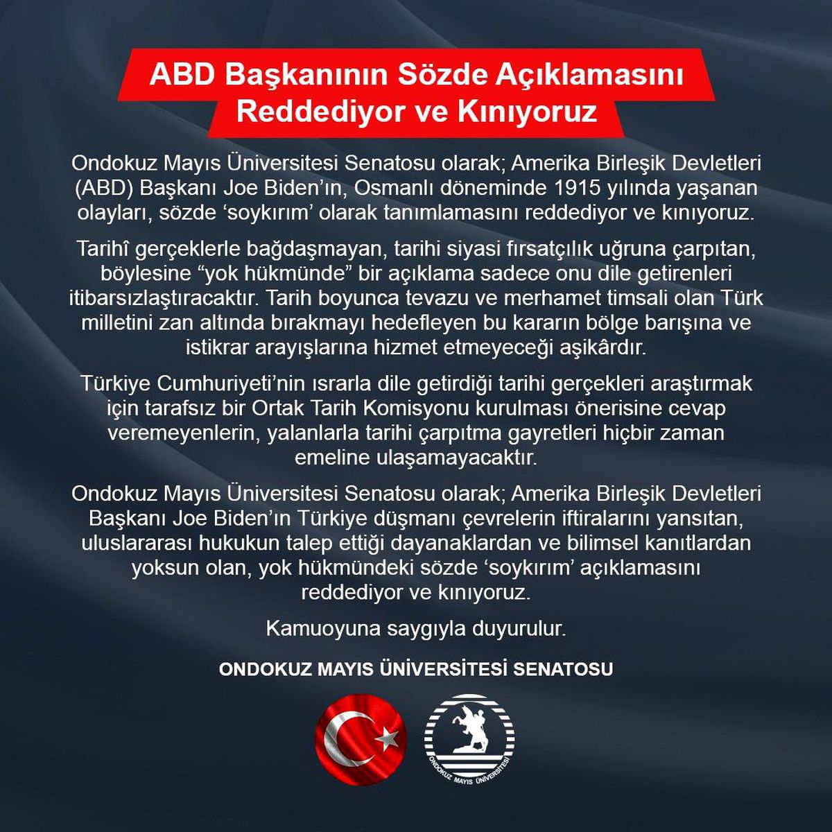 OMÜ\'den Biden\'a kınama