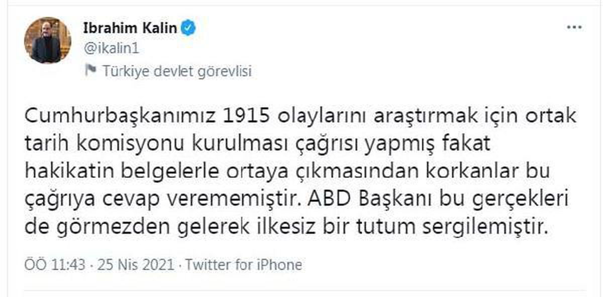 Sözcü Kalın: ABD Başkanı ilkesiz bir tutum sergilemiştir