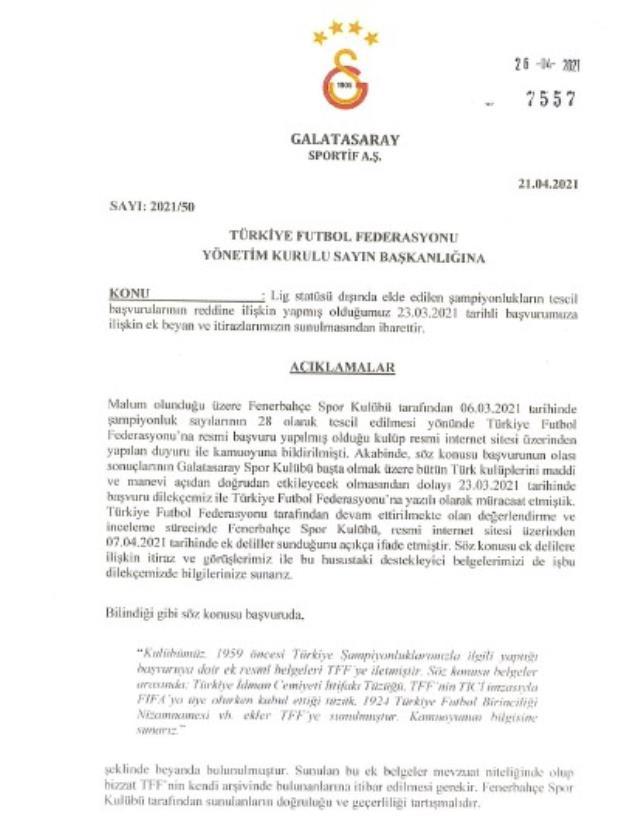 Galatasaray, Fenerbahçe'nin şampiyonluklar için yaptığı başvurunun reddi için TFF'ye Cengiz'in imzasıyla itirazda bulundu