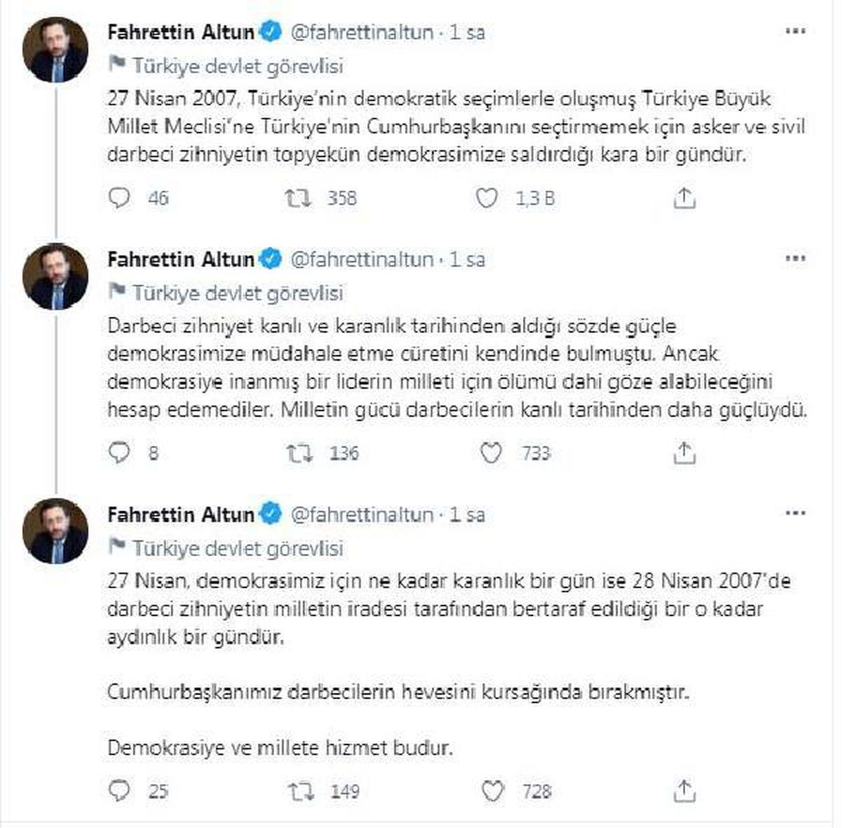 Cumhurbaşkanlığı İletişim Başkanı Altun\'dan, "27 Nisan e-muhtırası" değerlendirmesi Açıklaması