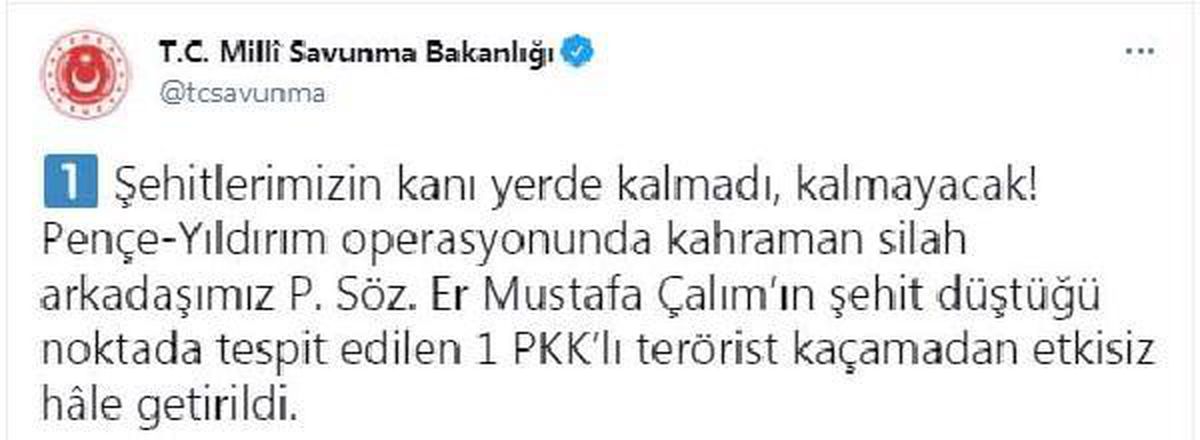 Son dakika haber: Pençe-Yıldırım Operasyonu\'nda 1 terörist etkisiz hale getirildi