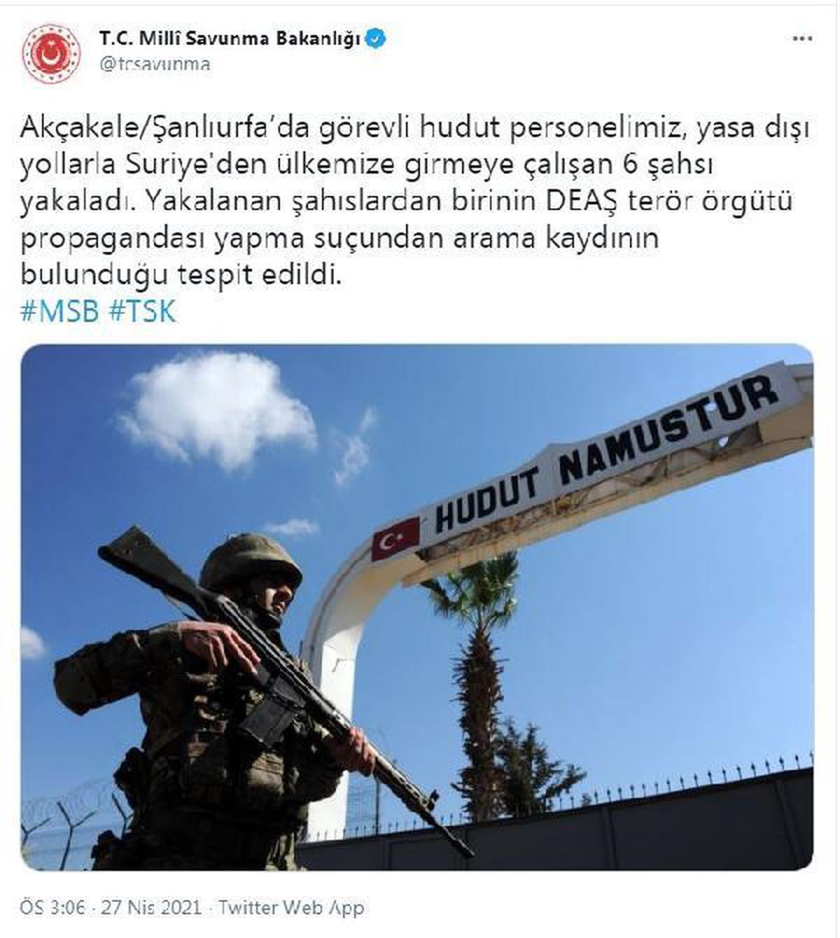 MSB: Suriye\'den yasa dışı yollarla Türkiye\'ye girmeye çalışan 6 kişi yakalandı