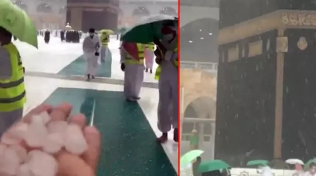 Mekke'ye ceviz büyüklüğünde dolu yağdı! Müslümanlar Kabe'yi yoğun yağış altında tavaf etti Mekke'ye ceviz büyüklüğünde dolu yağdı! Müslümanlar Kabe'yi yoğun yağış altında tavaf etti
