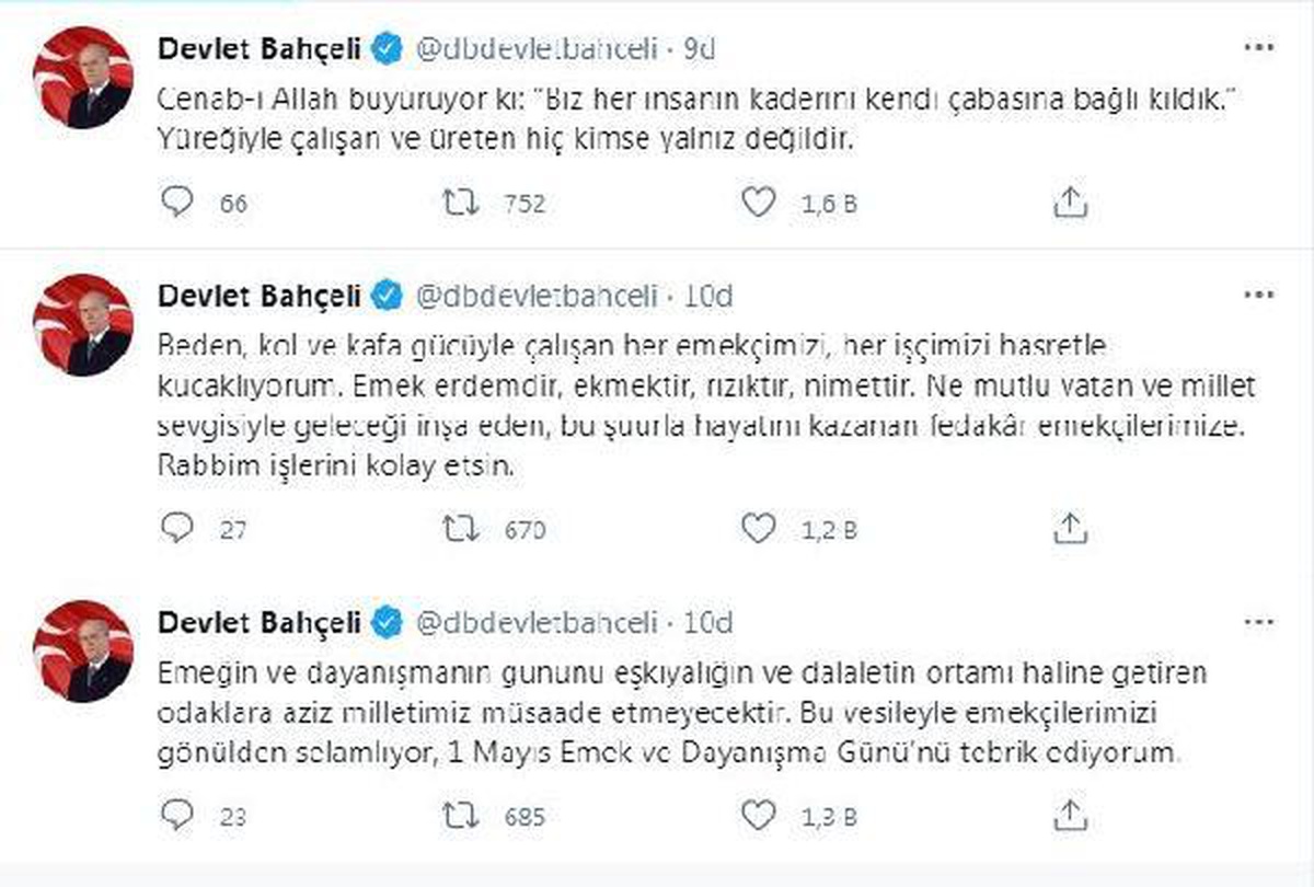 MHP lideri Bahçeli: "1 Mayıs\'ı örgütlerin ihanet zemini olarak görmek emekçilerimize haksızlıktır"