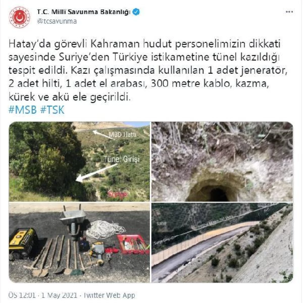 MSB: Suriye\'den Türkiye istikametine kazılan tünel hudut personelinin dikkati sayesinde tespit edildi