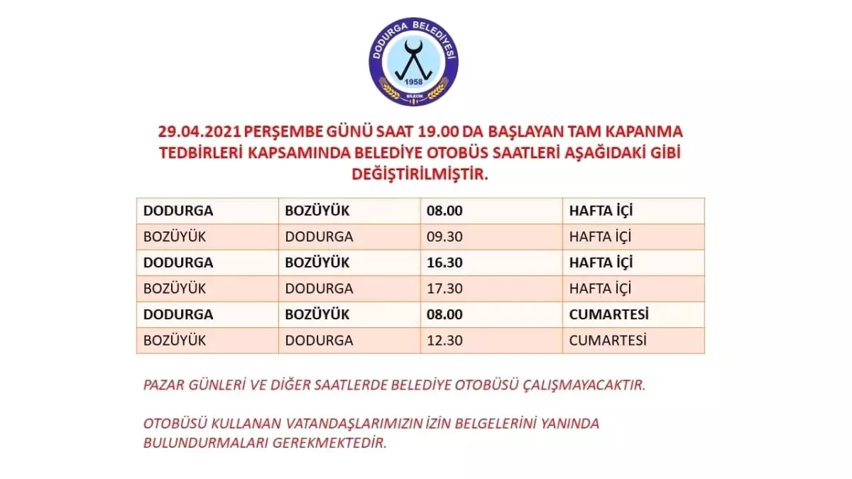 Tam kapanma tedbirleri kapsamında Dodurga Belediyesi otobüs seferlerinde düzenleme yaptı