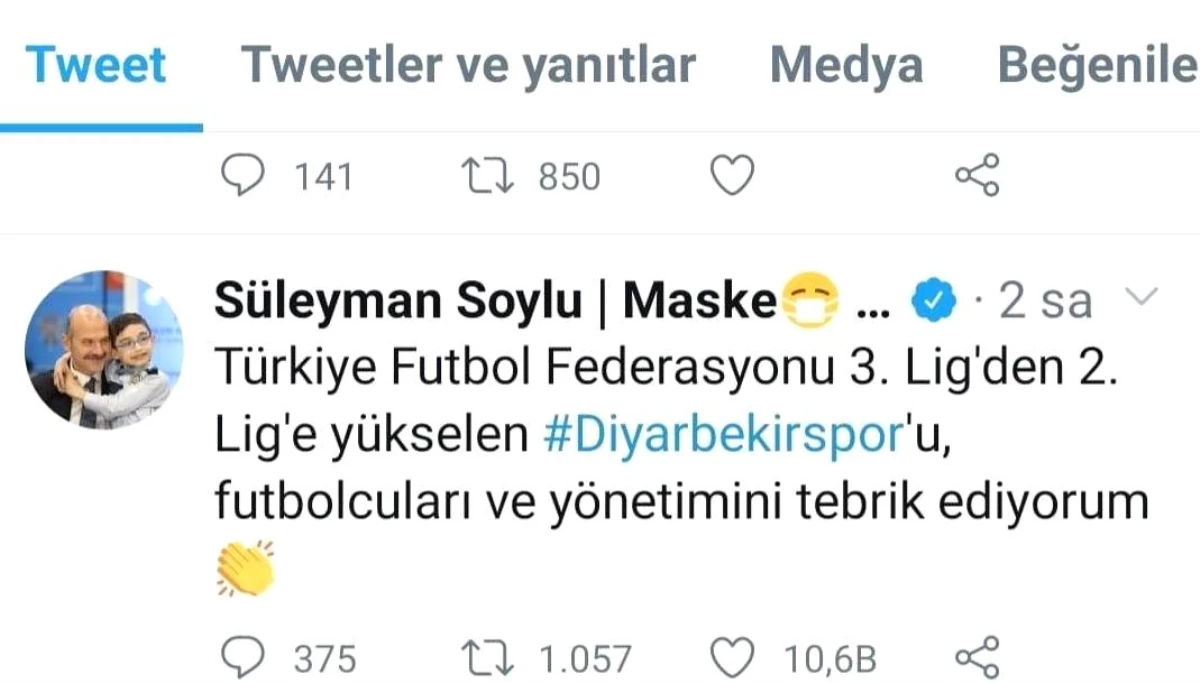 Bakan Soylu şampiyon Diyarbekirspor\'u tebrik etti