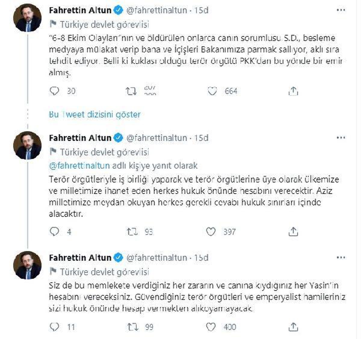 Cumhurbaşkanlığı İletişim Başkanı Altun\'dan, Selahattin Demirtaş\'ın ifadelerine ilişkin açıklama Açıklaması