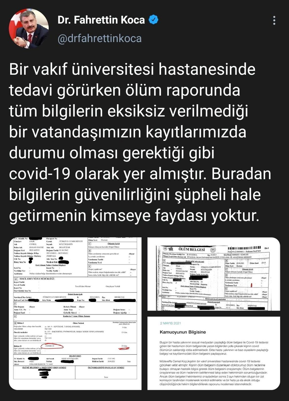 Son dakika haberleri: Fahrettin Koca\'dan Covid-19 kaynaklı ölümün saklandığına dair yapılan paylaşım hakkında açıklama geldi