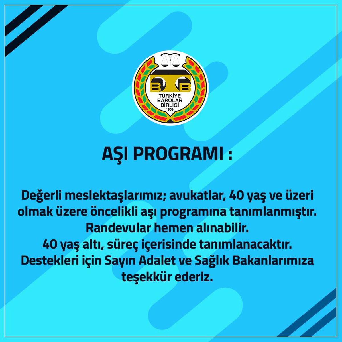 TBB: "40 yaş ve üzeri avukatlar öncelikli Covid-19 aşı programına dahil edildi"