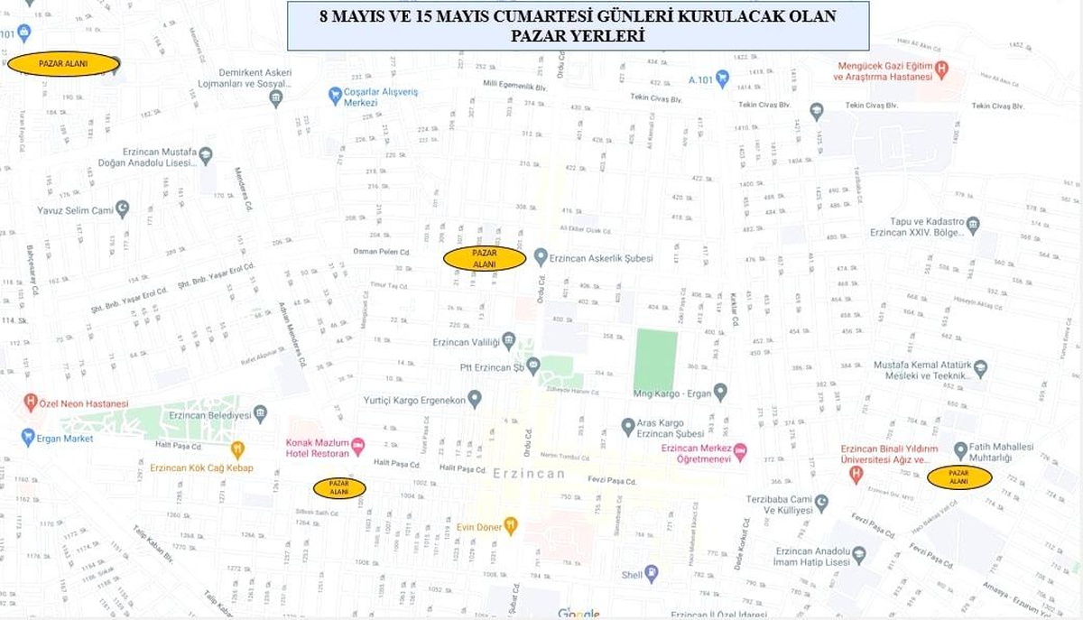 Erzincan merkezde 4 yerde pazaryeri kurulacak