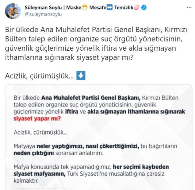 Bakan Soylu'dan Sedat Peker'in iddialarına 'İçişleri Bakanı seyirci' yorumu yapan Kılıçdaroğlu'na sert tepki