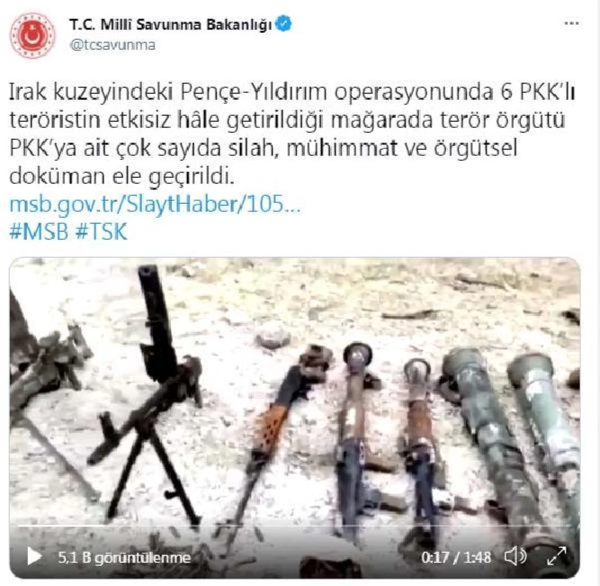 ANKARA Pençe-Yıldırım operasyonunda 6 PKK\'lı teröristin etkisiz hale getirildiği mağarada PKK\'ya ait çok sayıda silah, mühimmat ele geçirildi