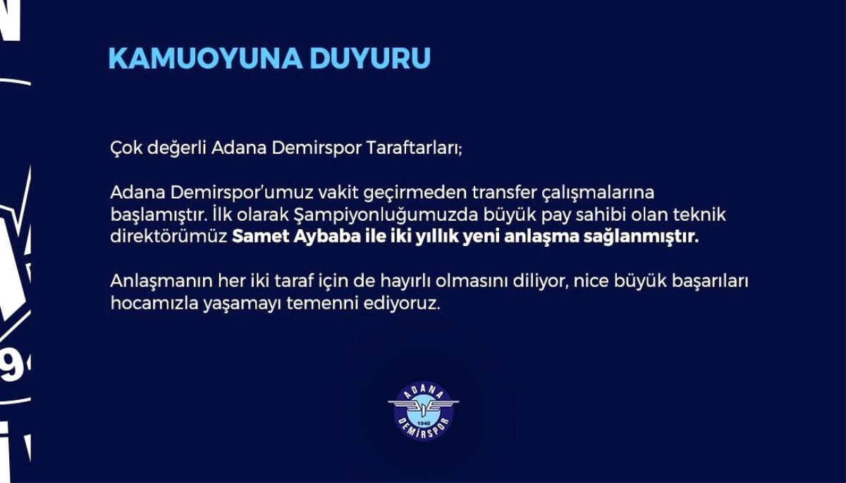 Adana Demirspor, teknik direktör Samet Aybaba ile 2 yıllığına anlaştı