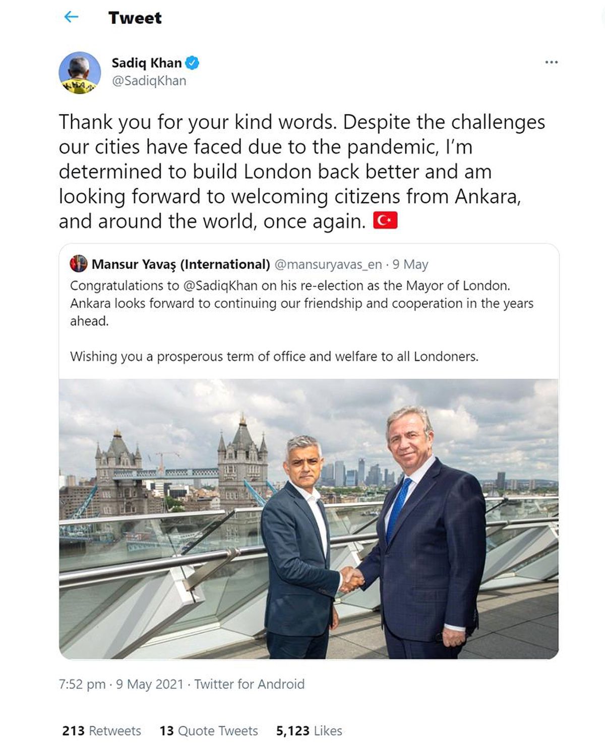 Başkan Yavaş, Londra Belediye Başkanı olarak seçilen Sadıq Khan\'ı tebrik etti