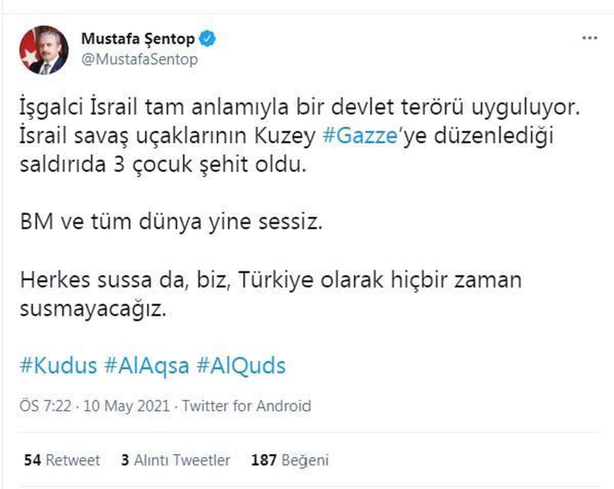 TBMM Başkanı Şentop: "İşgalci İsrail tam anlamıyla bir devlet terörü uyguluyor"