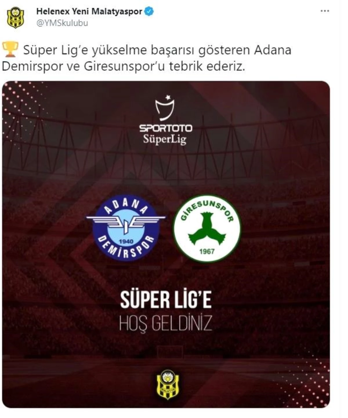 Yeni Malatyaspor\'dan Süper Lig\'in yeni ekiplerine tebrik