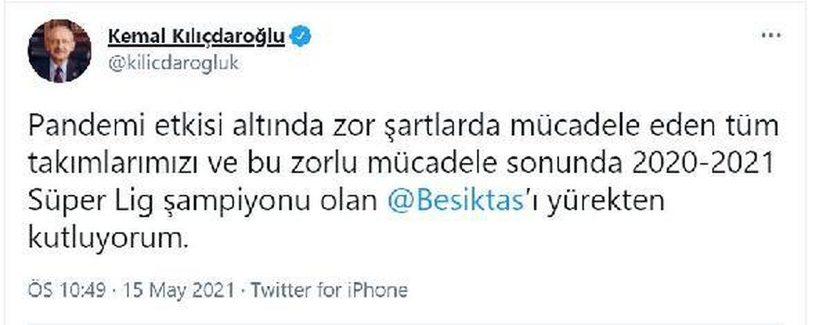 Kılıçdaroğlu: Beşiktaş\'ı yürekten kutluyorum