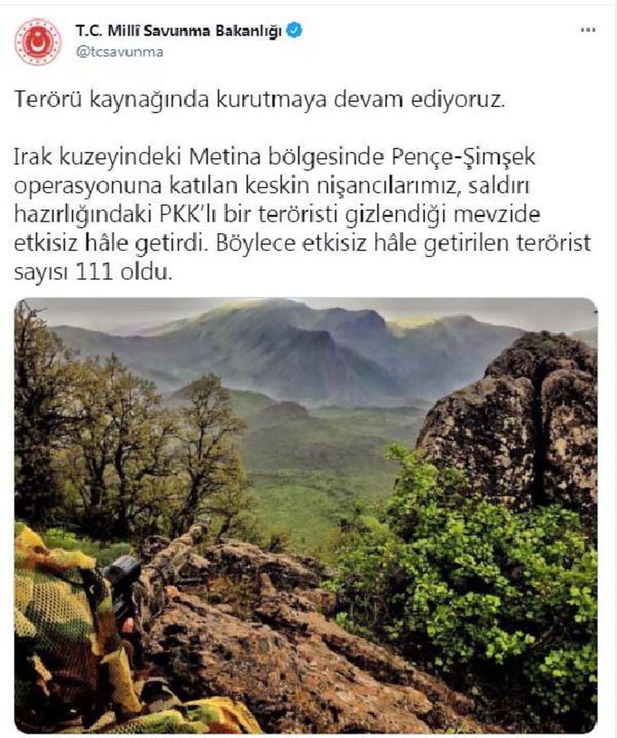 Son dakika... \'Pençe-Şimşek\' operasyonlarında etkisiz hale getirilen terörist sayısı 111 oldu