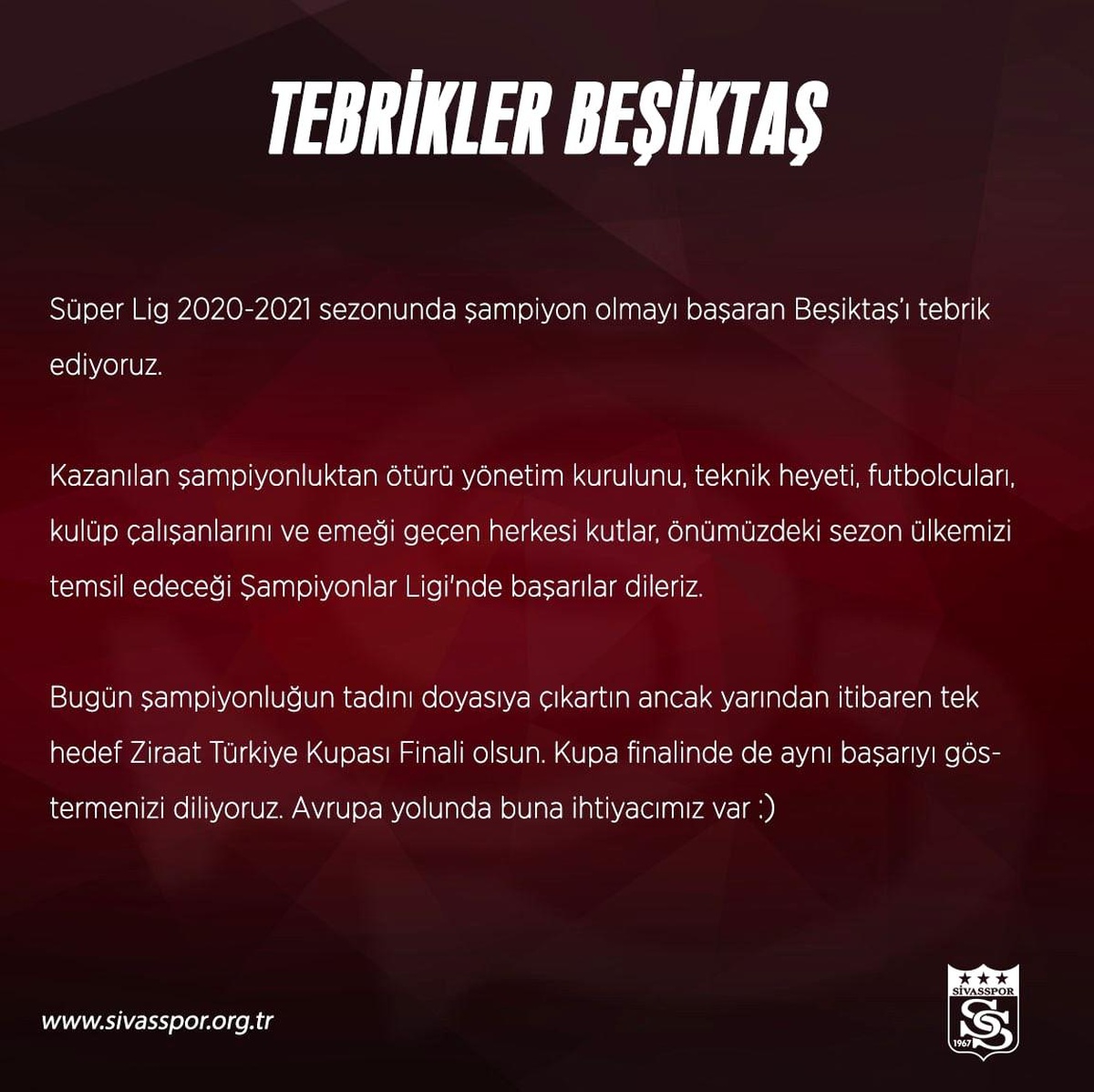 Sivasspor Beşiktaş\'ı tebrik etti!